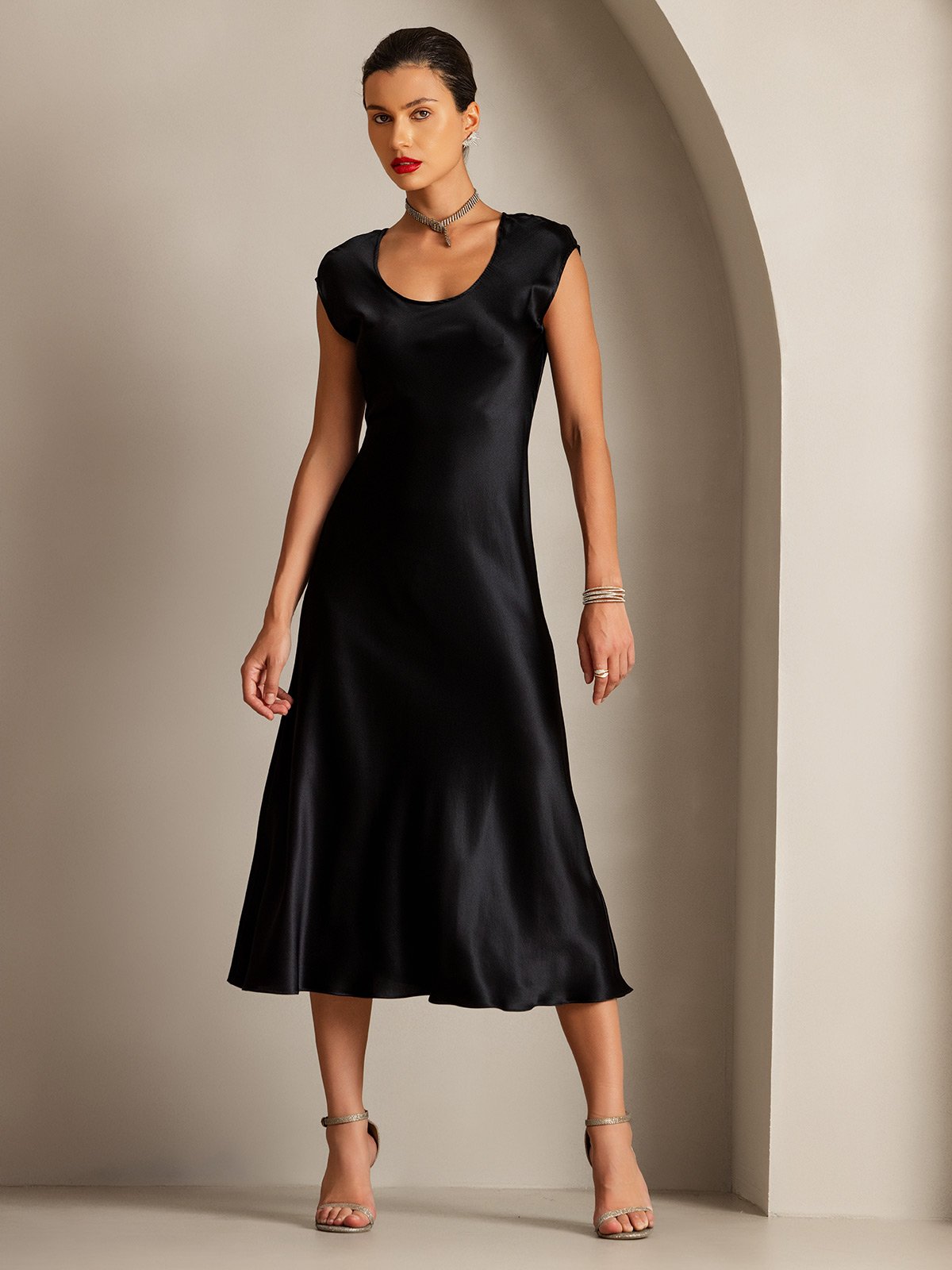 MFLLONDON | Silk Cap Sleeve Round Neck Midi Dress