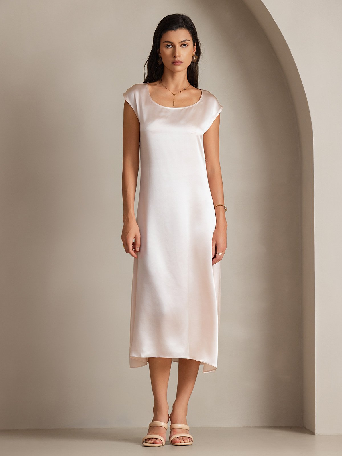 MFLLONDON | Silk Cap Sleeve Round Neck Midi Dress