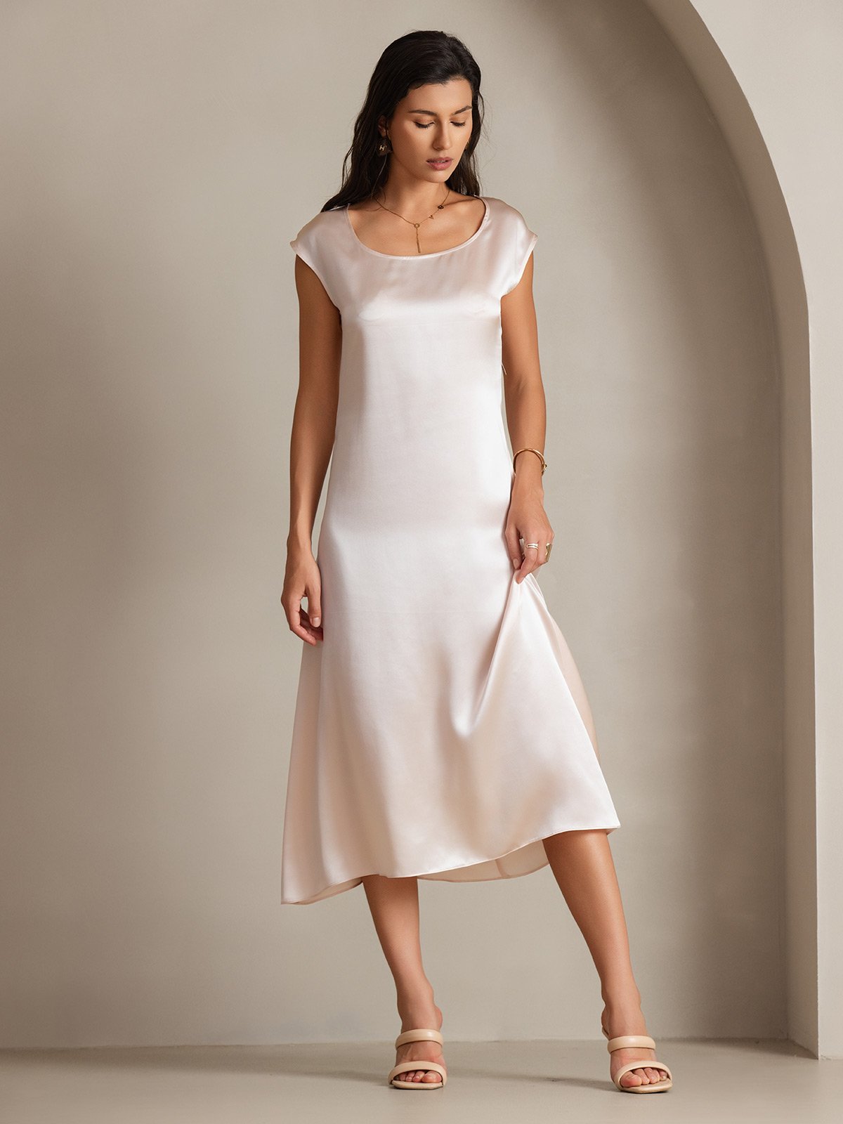 MFLLONDON | Silk Cap Sleeve Round Neck Midi Dress