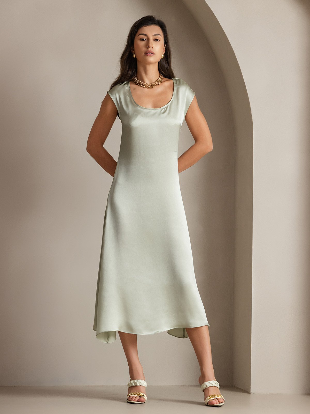 MFLLONDON | Silk Cap Sleeve Round Neck Midi Dress