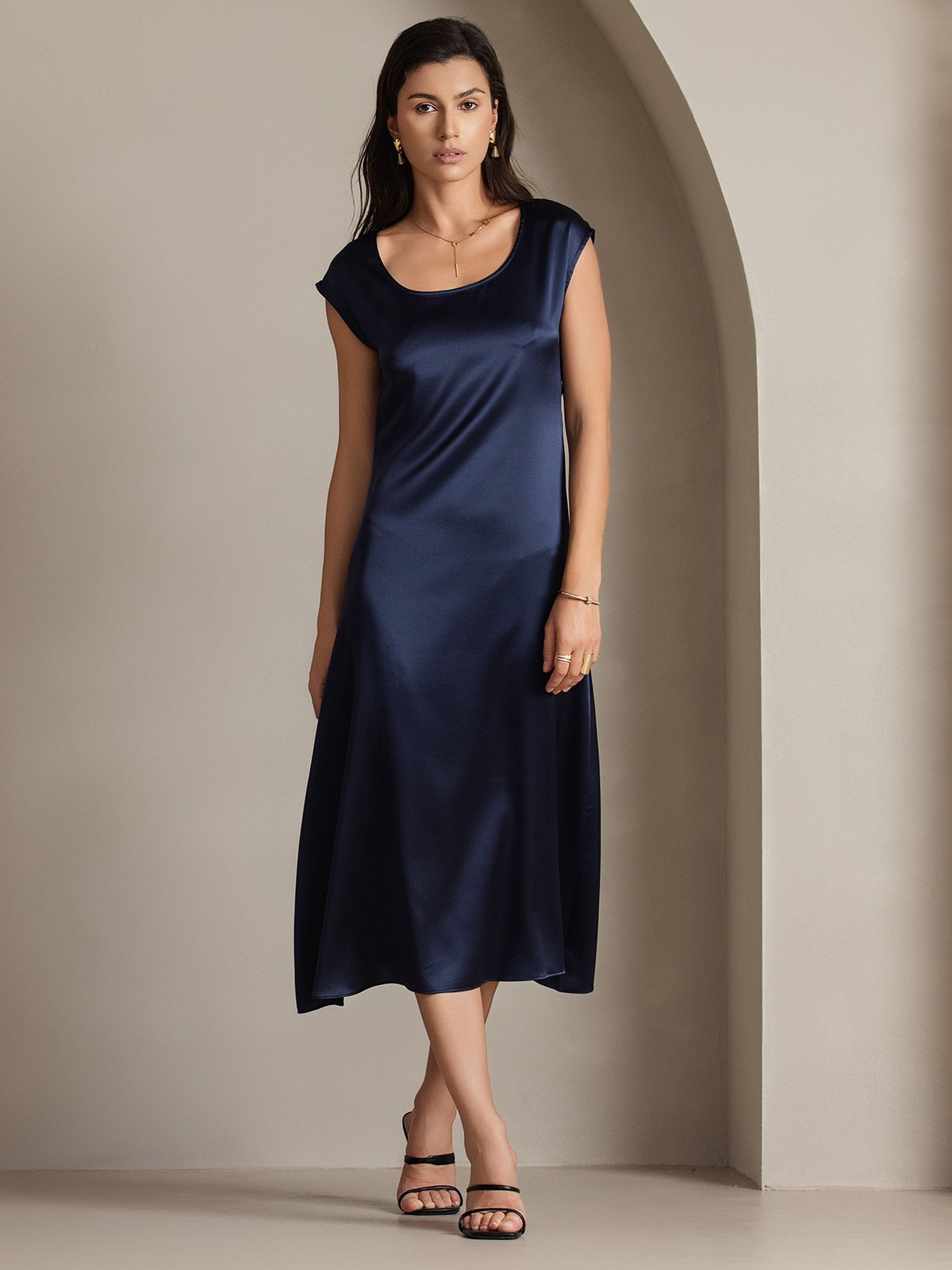 MFLLONDON | Silk Cap Sleeve Round Neck Midi Dress