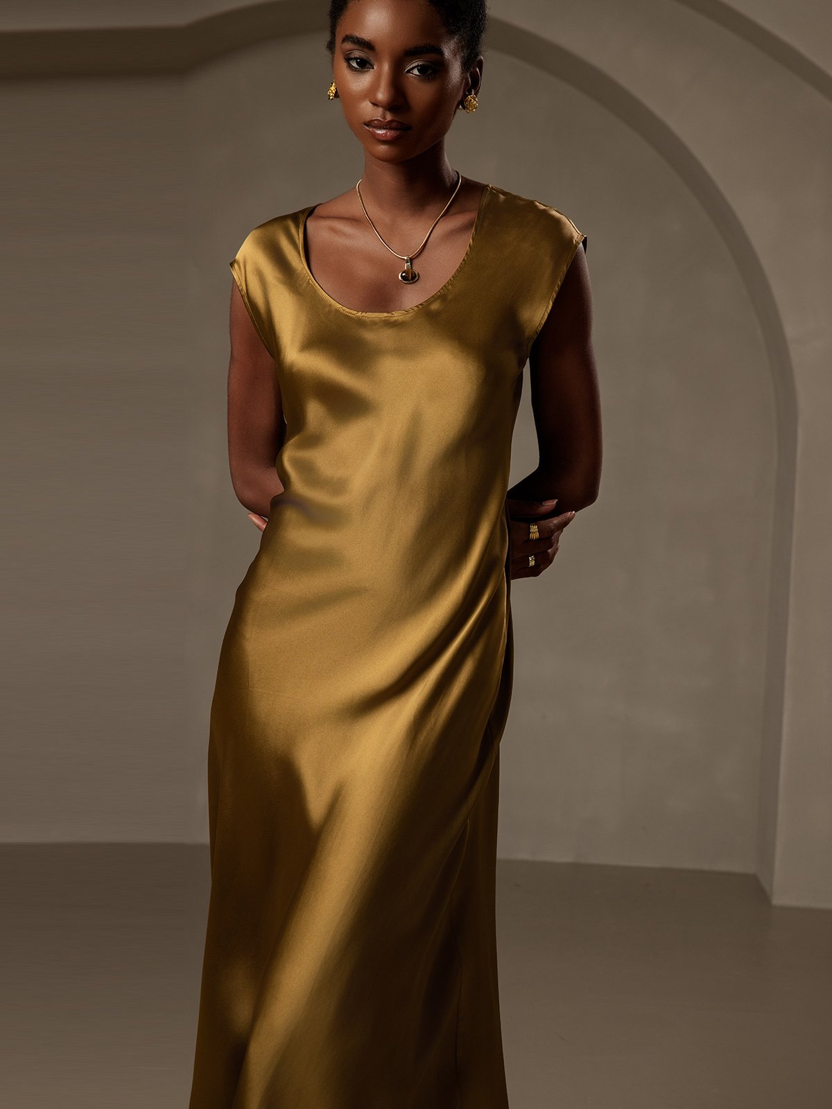 MFLLONDON | Silk Cap Sleeve Round Neck Midi Dress