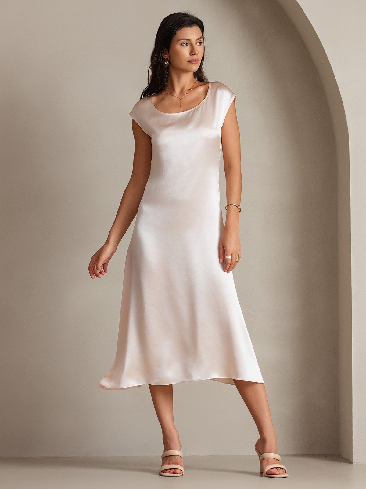 MFLLONDON | Silk Cap Sleeve Round Neck Midi Dress