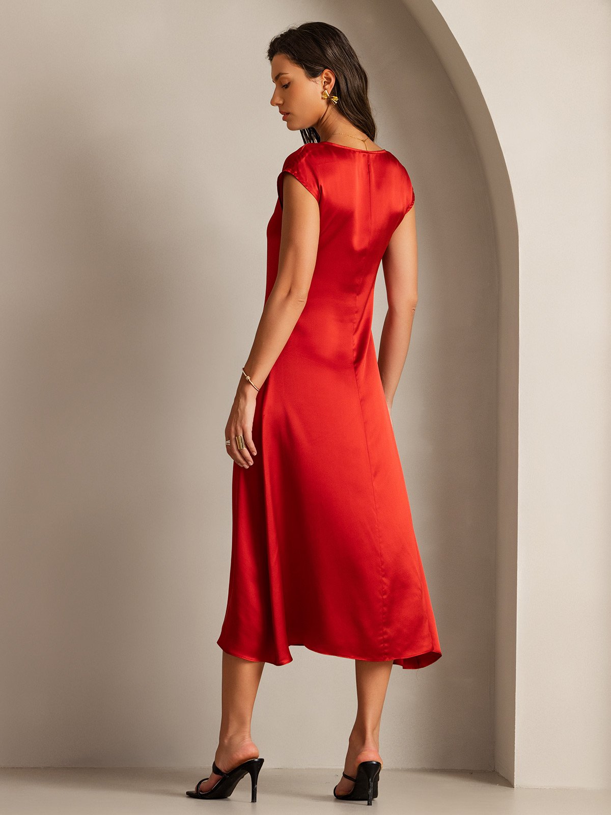 MFLLONDON | Silk Cap Sleeve Round Neck Midi Dress