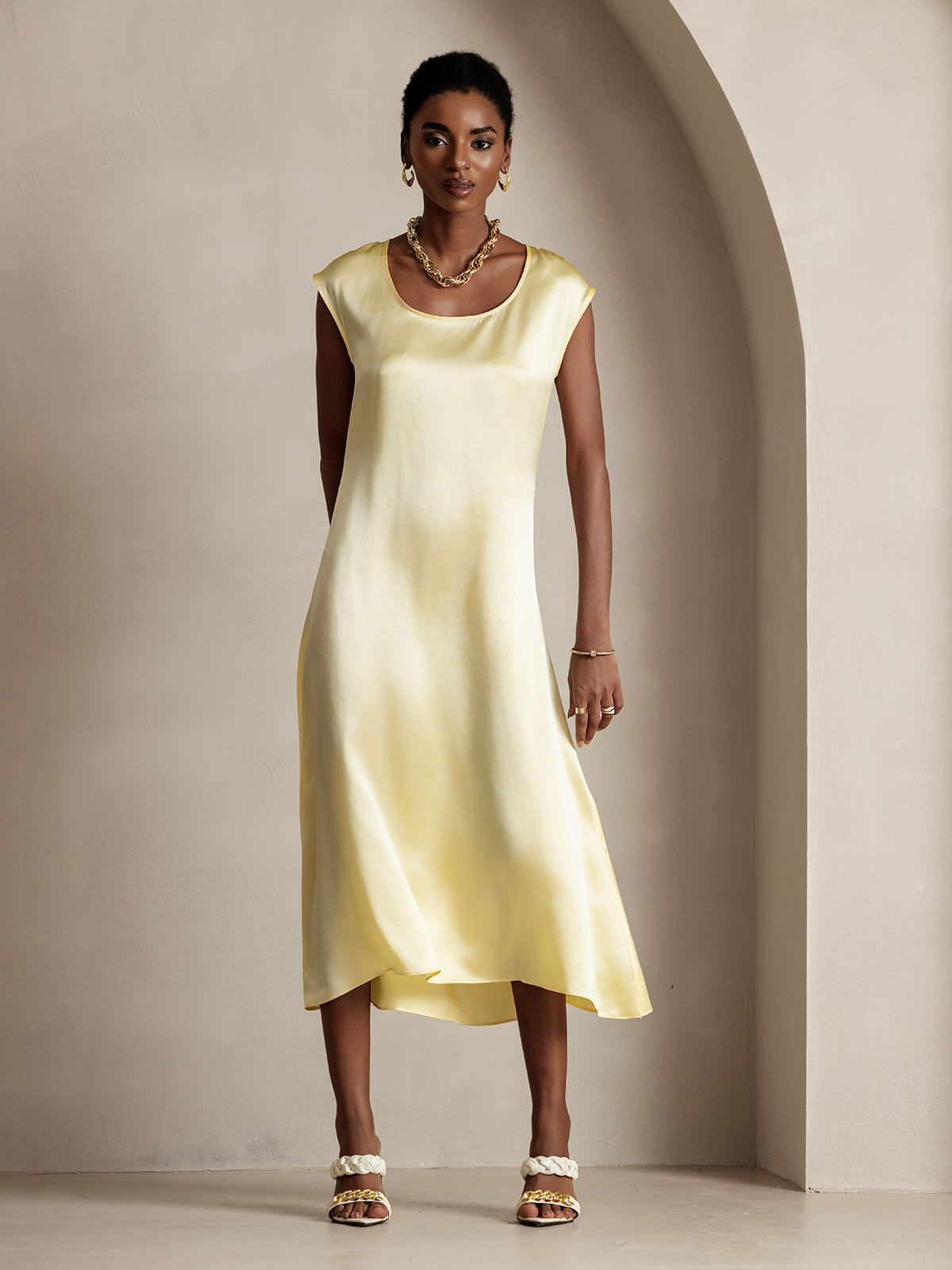 MFLLONDON | Silk Cap Sleeve Round Neck Midi Dress
