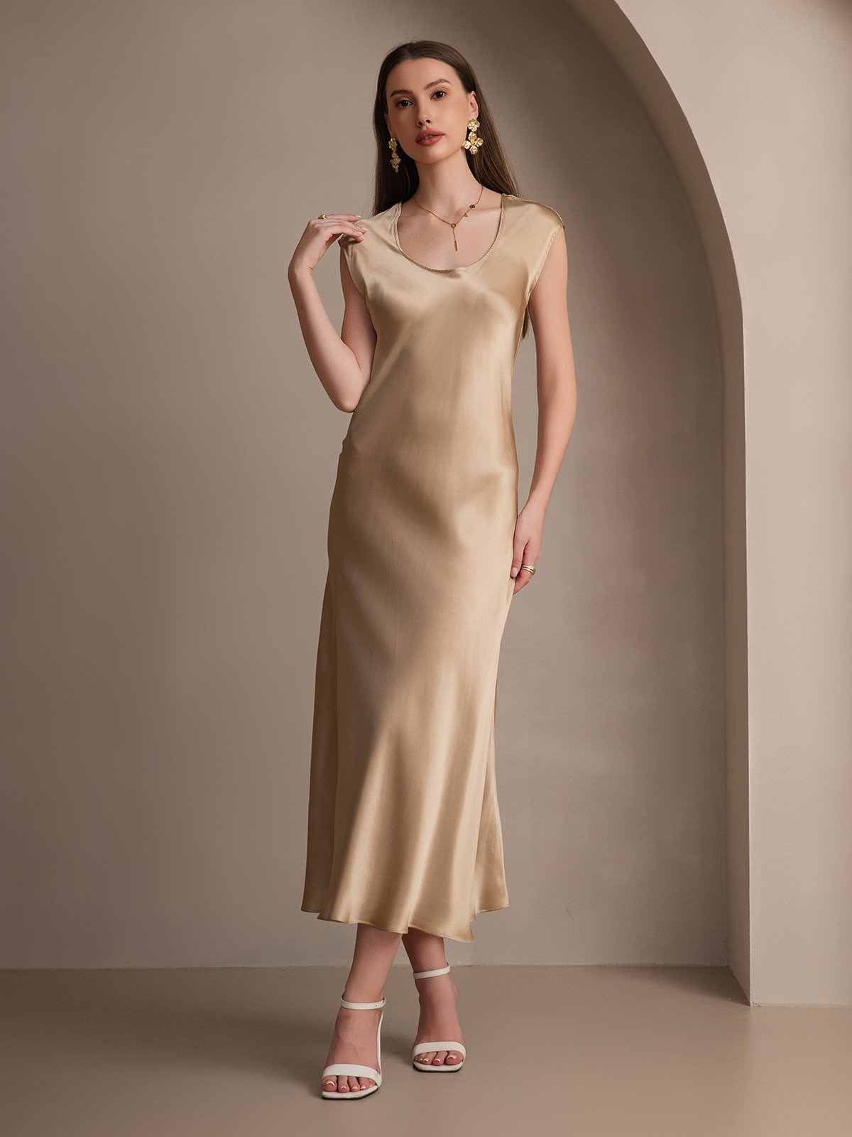 MFLLONDON | Silk Cap Sleeve Round Neck Midi Dress