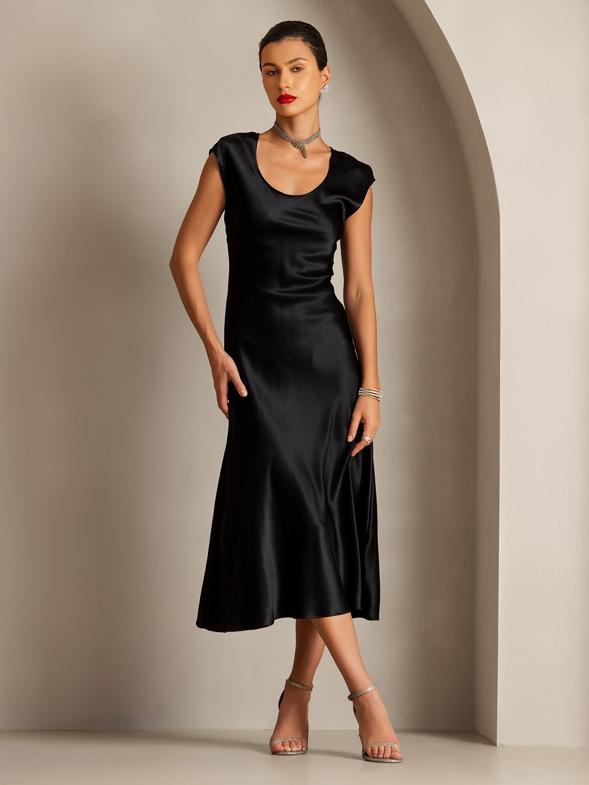 MFLLONDON | Silk Cap Sleeve Round Neck Midi Dress