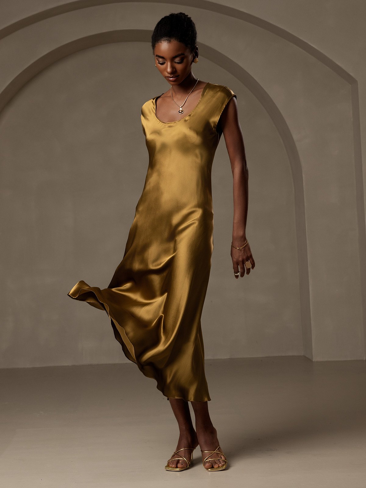 MFLLONDON | Silk Cap Sleeve Round Neck Midi Dress