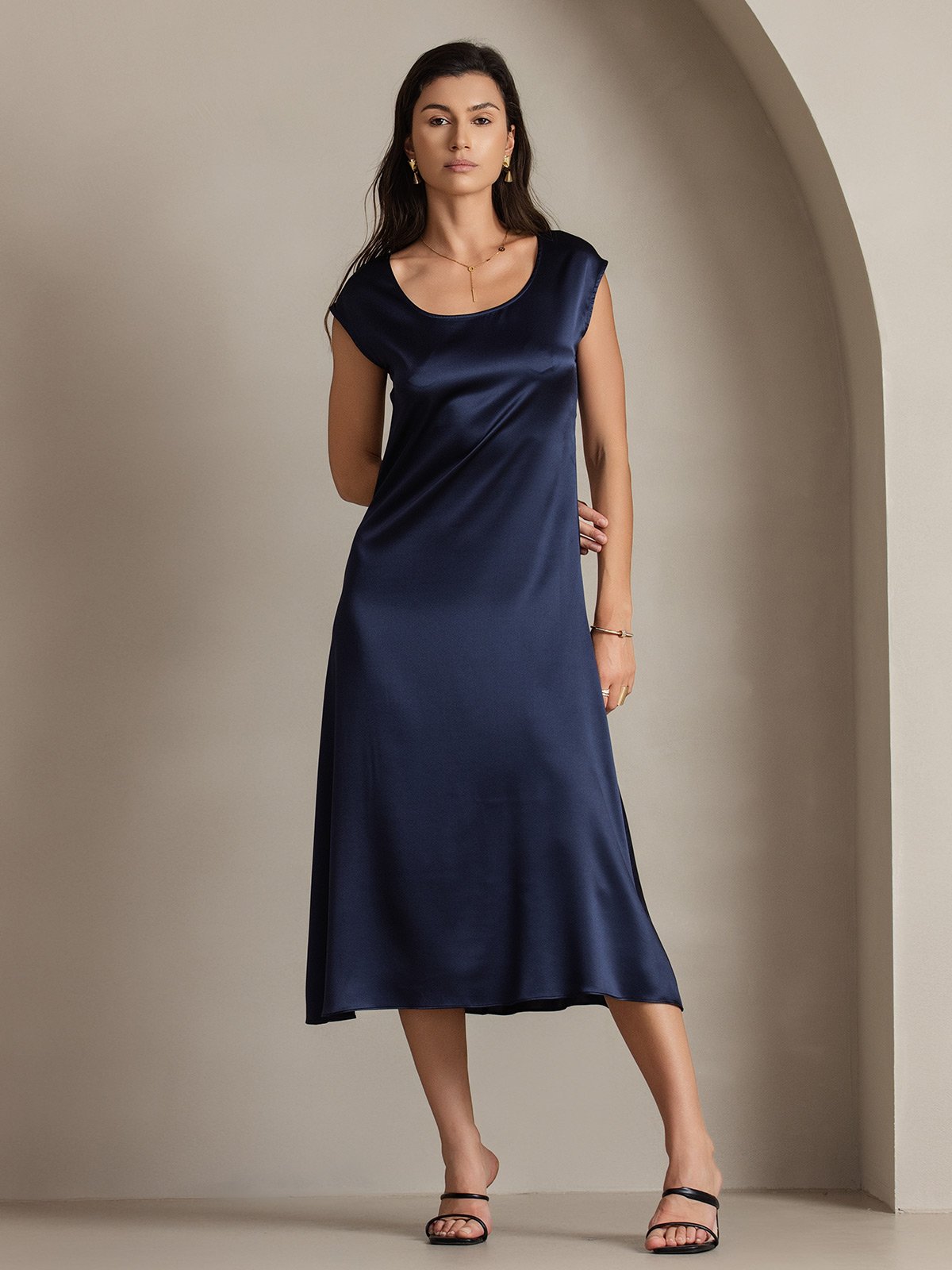 MFLLONDON | Silk Cap Sleeve Round Neck Midi Dress