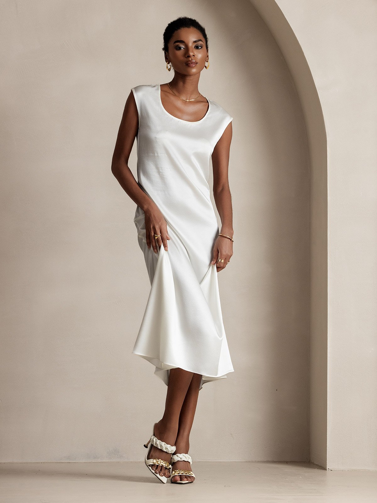 MFLLONDON | Silk Cap Sleeve Round Neck Midi Dress