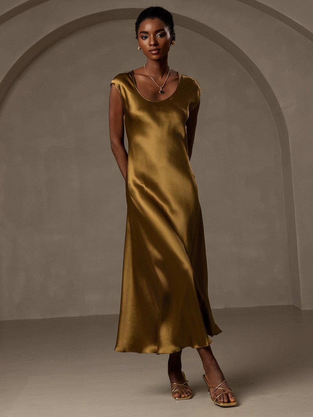 MFLLONDON | Silk Cap Sleeve Round Neck Midi Dress