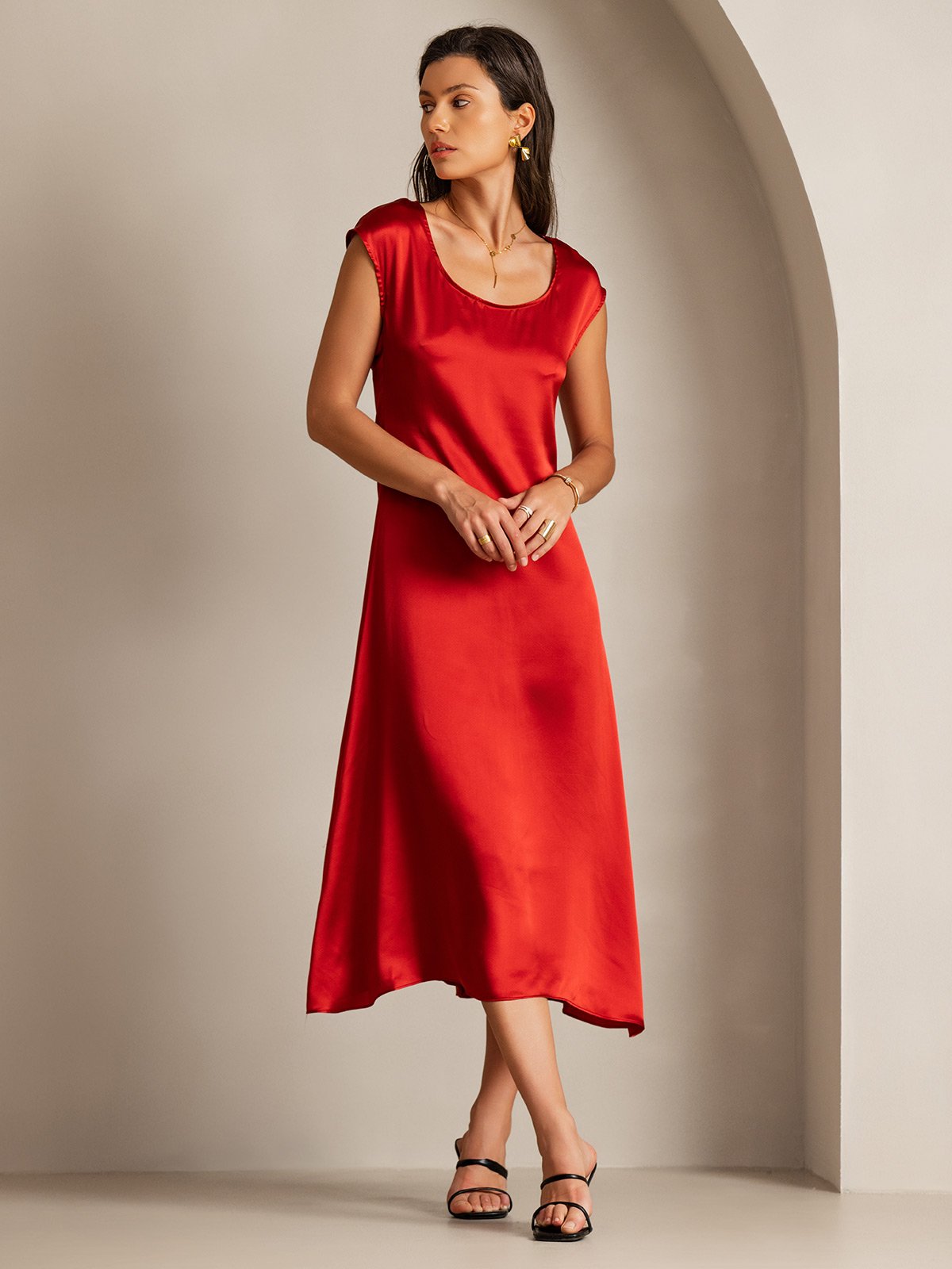 MFLLONDON | Silk Cap Sleeve Round Neck Midi Dress