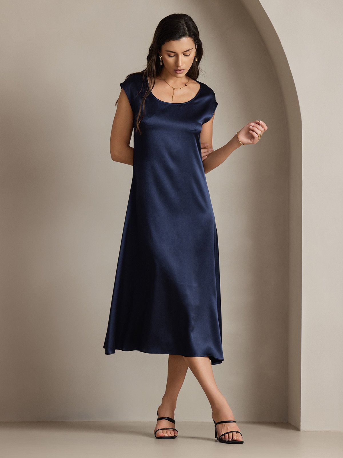 MFLLONDON | Silk Cap Sleeve Round Neck Midi Dress