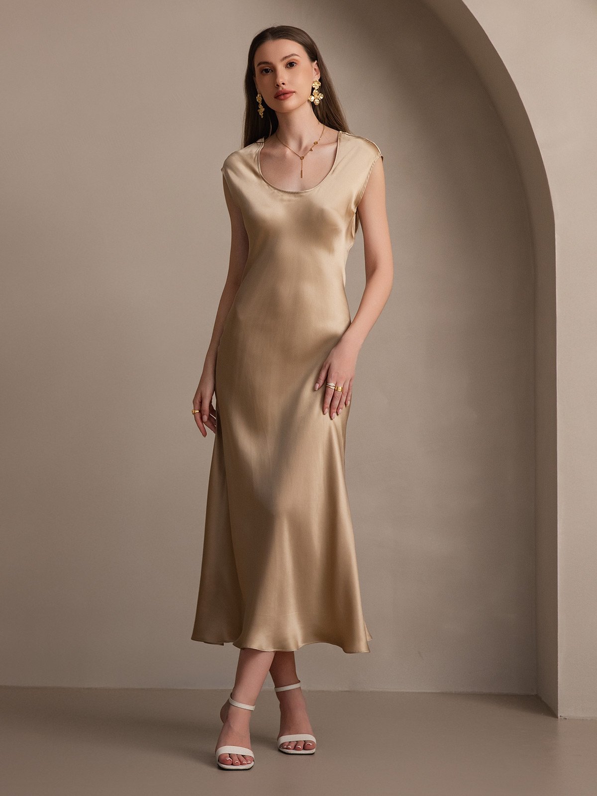 MFLLONDON | Silk Cap Sleeve Round Neck Midi Dress