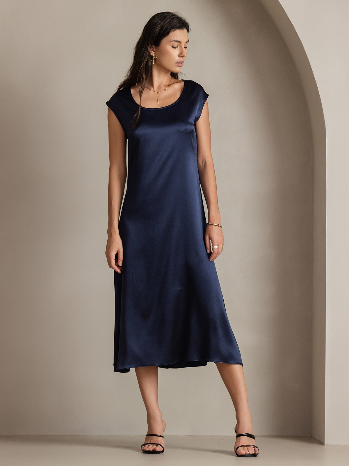 MFLLONDON | Silk Cap Sleeve Round Neck Midi Dress