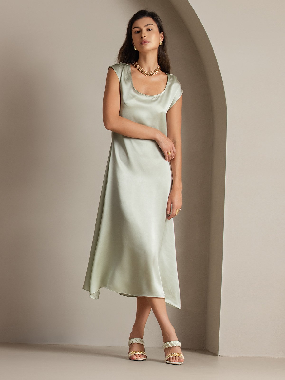 MFLLONDON | Silk Cap Sleeve Round Neck Midi Dress