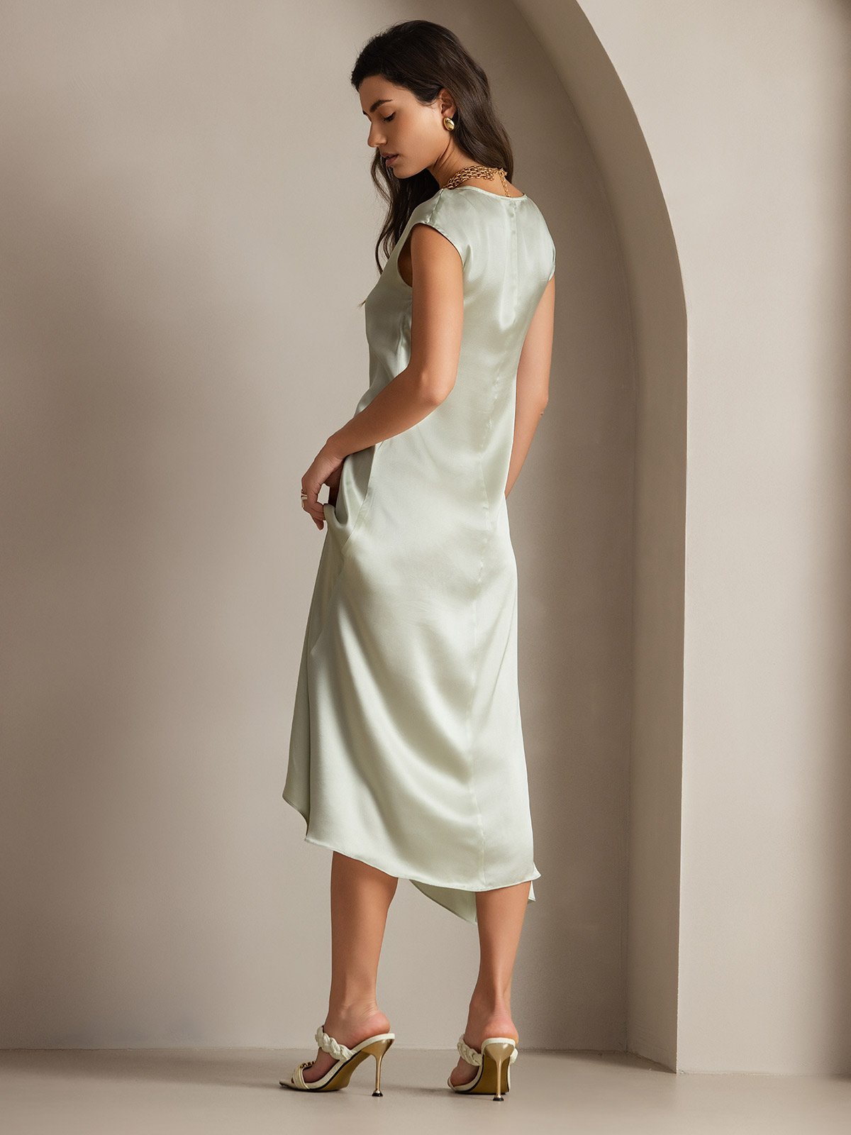 MFLLONDON | Silk Cap Sleeve Round Neck Midi Dress