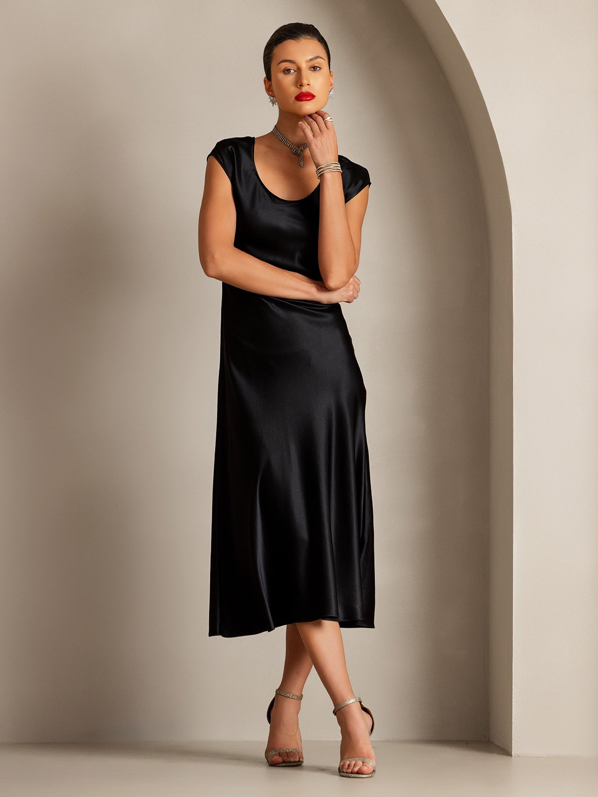 MFLLONDON | Silk Cap Sleeve Round Neck Midi Dress
