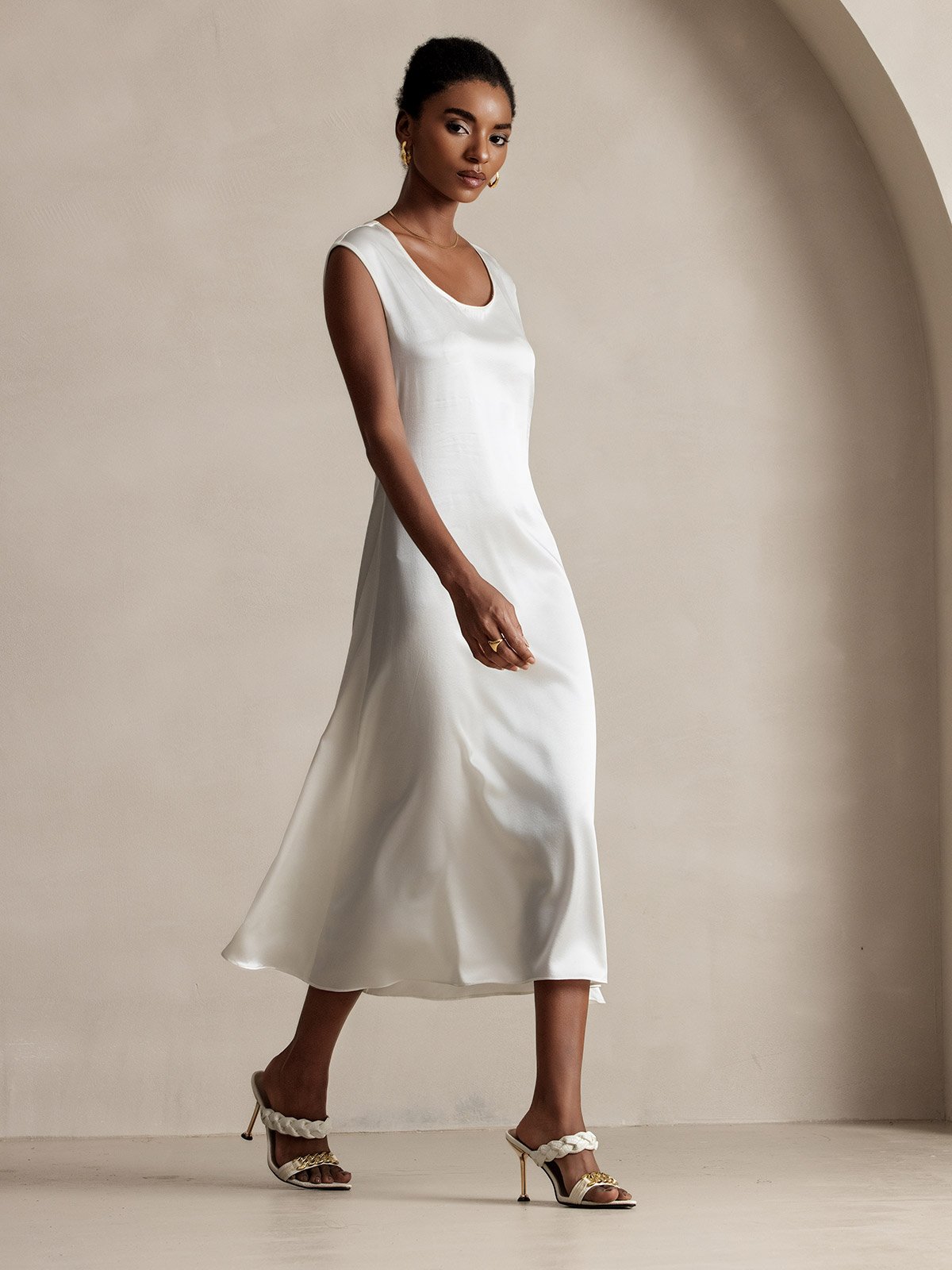 MFLLONDON | Silk Cap Sleeve Round Neck Midi Dress