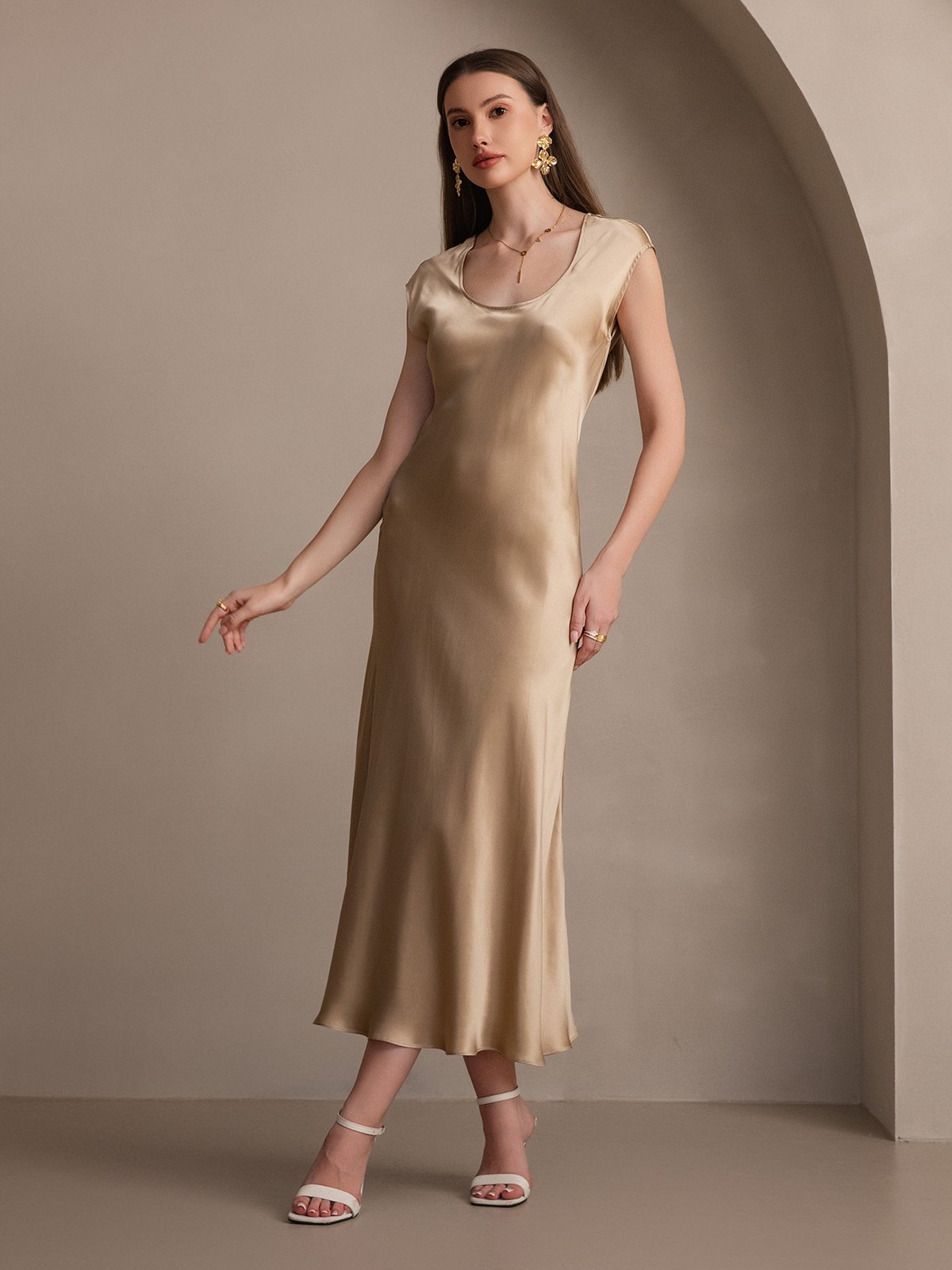 MFLLONDON | Silk Cap Sleeve Round Neck Midi Dress