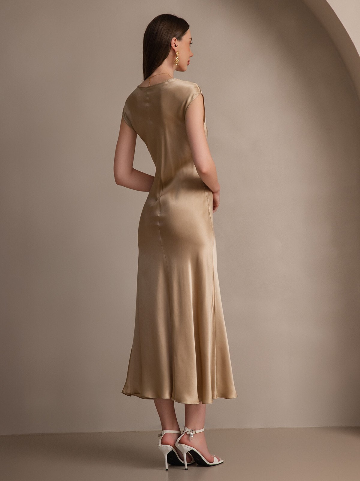 MFLLONDON | Silk Cap Sleeve Round Neck Midi Dress