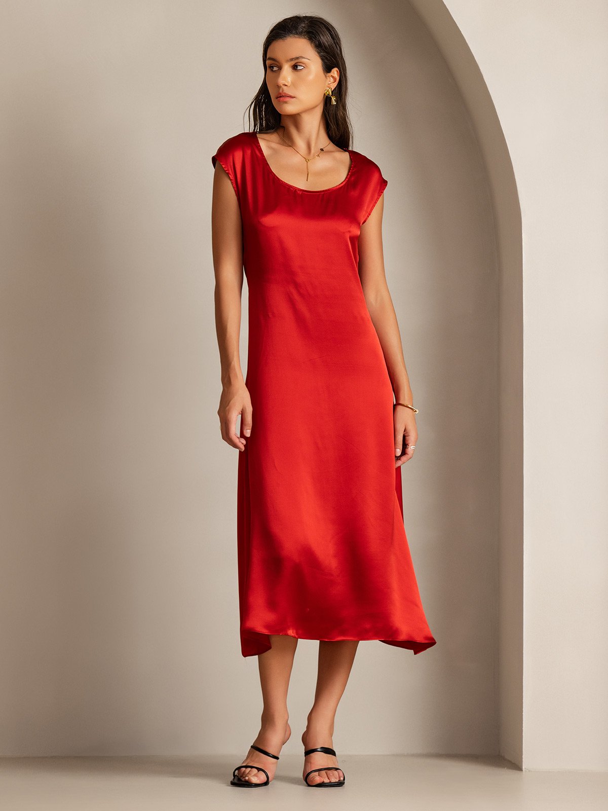 MFLLONDON | Silk Cap Sleeve Round Neck Midi Dress
