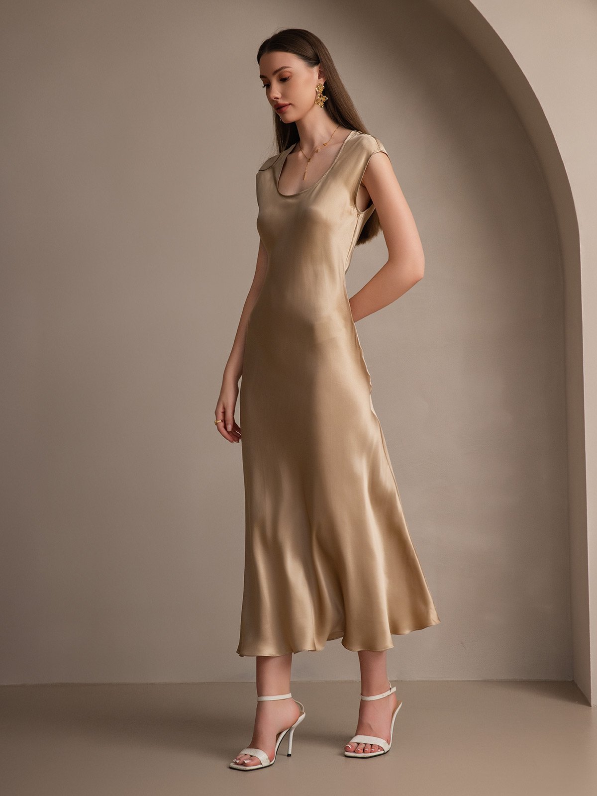 MFLLONDON | Silk Cap Sleeve Round Neck Midi Dress