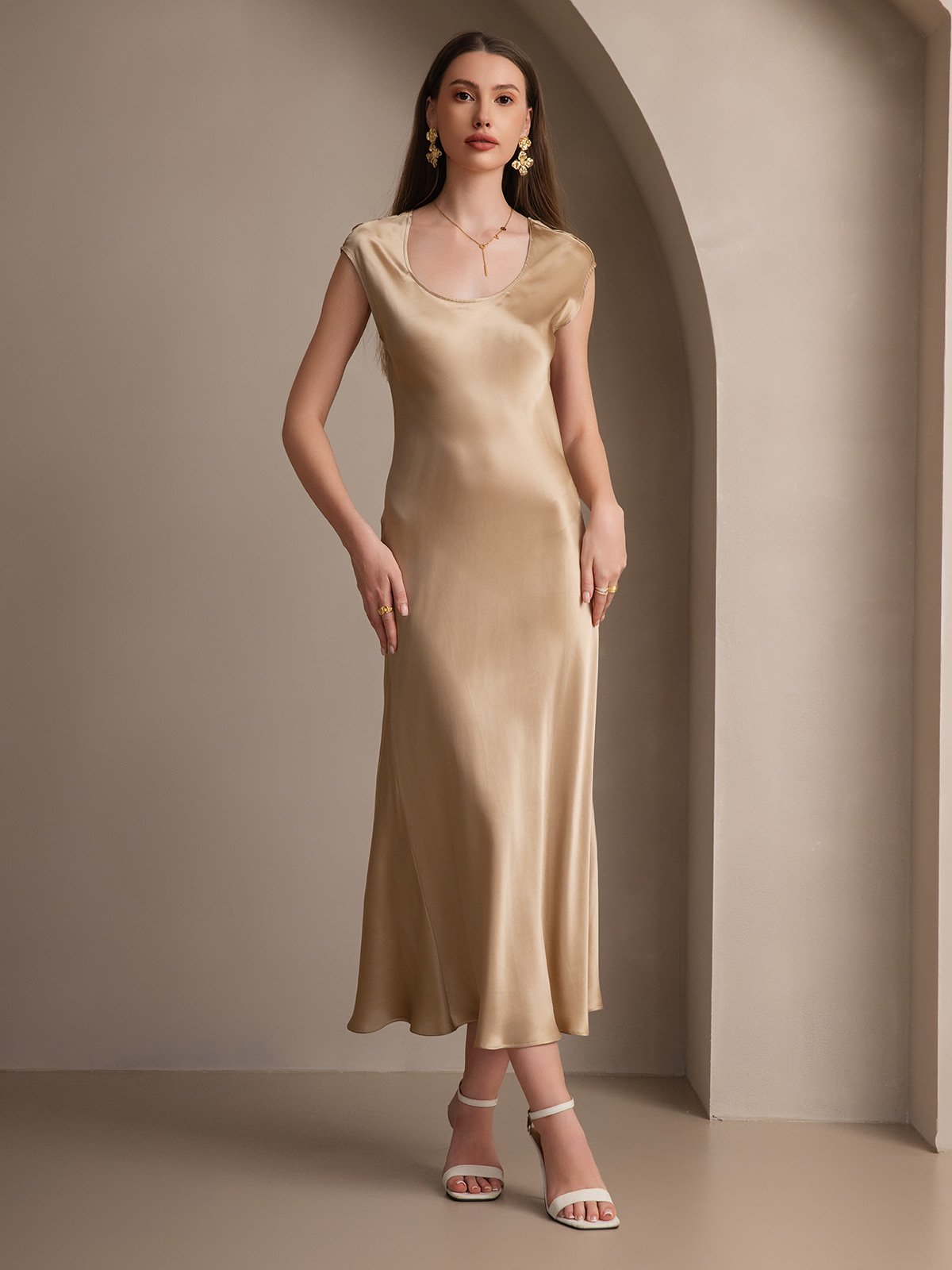 MFLLONDON | Silk Cap Sleeve Round Neck Midi Dress