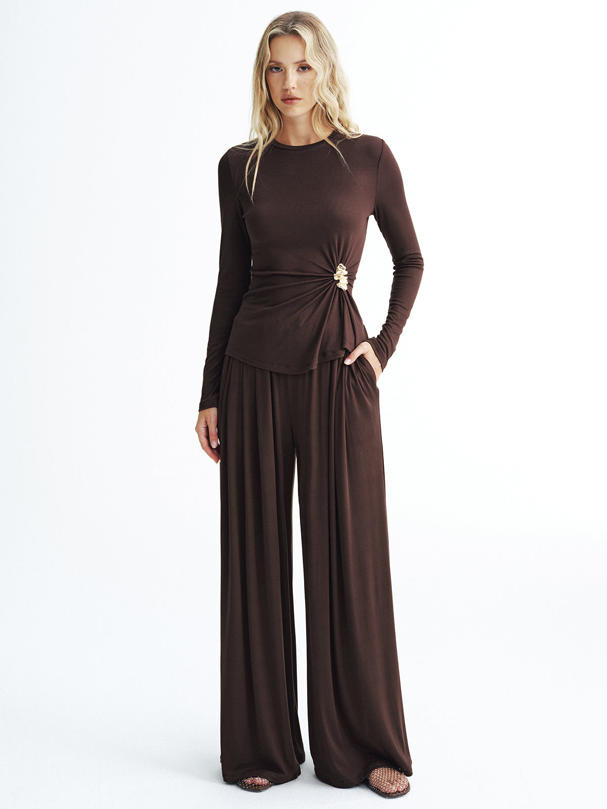 MFLLONDON | Metal Detail Top and Wide-Leg Pants Set