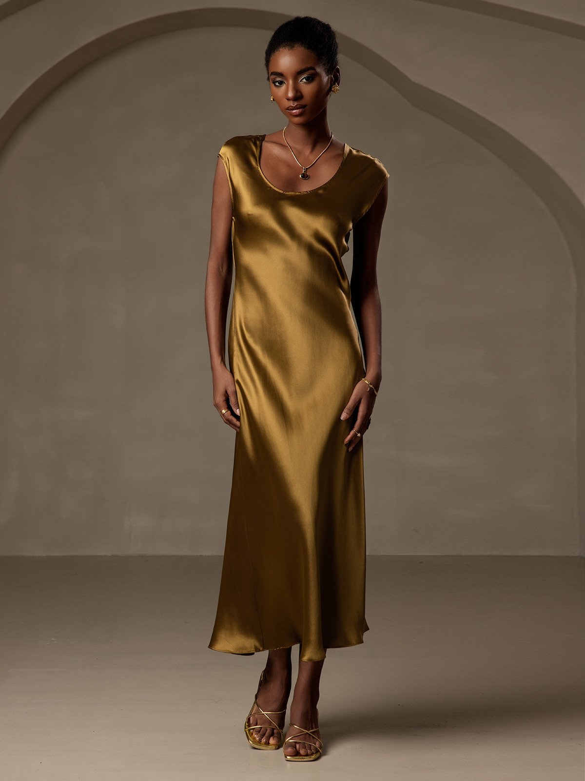 MFLLONDON | Silk Cap Sleeve Round Neck Midi Dress