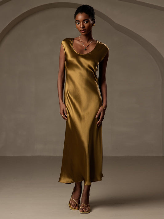 MFLLONDON | Silk Cap Sleeve Round Neck Midi Dress