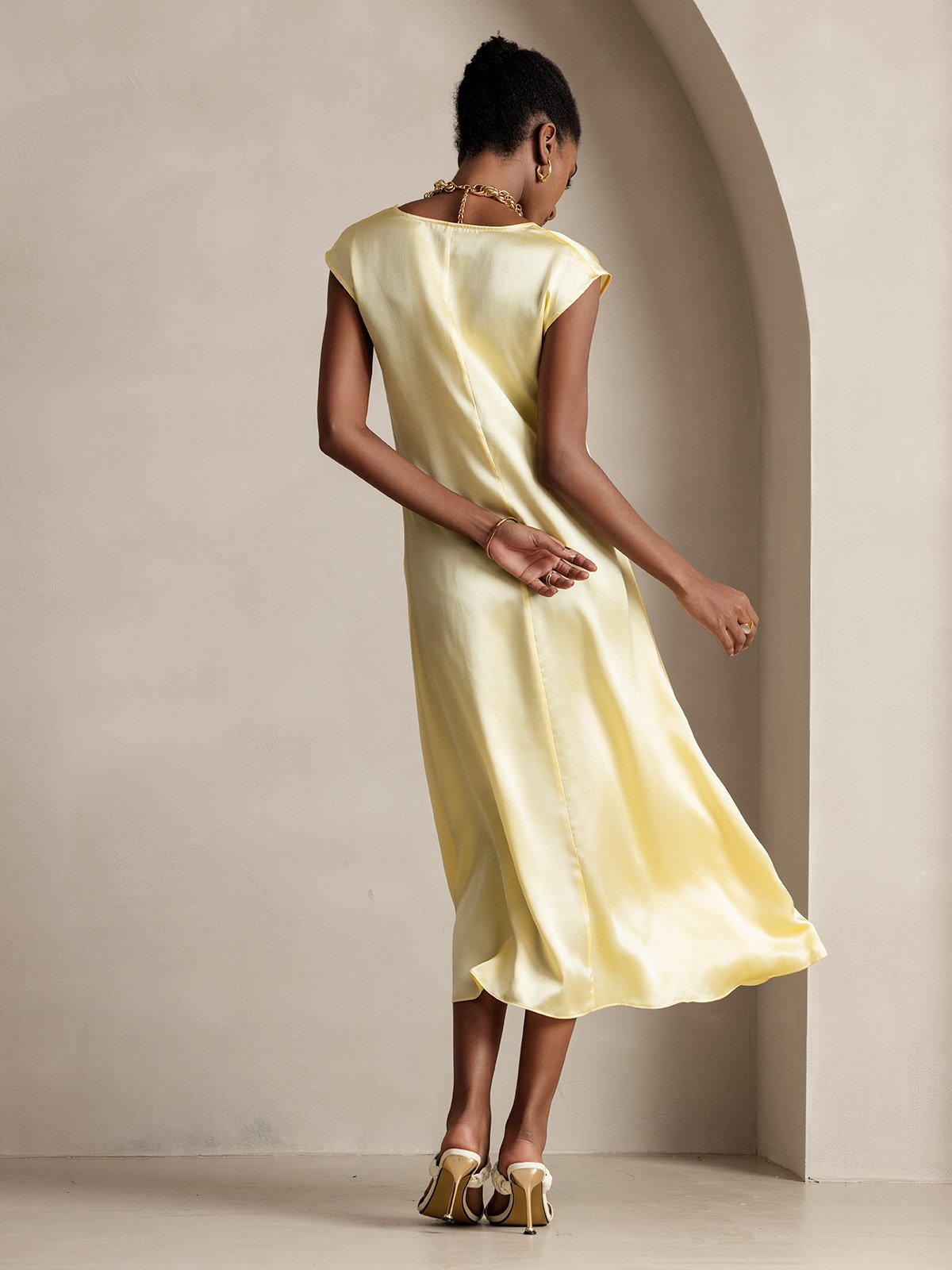 MFLLONDON | Silk Cap Sleeve Round Neck Midi Dress