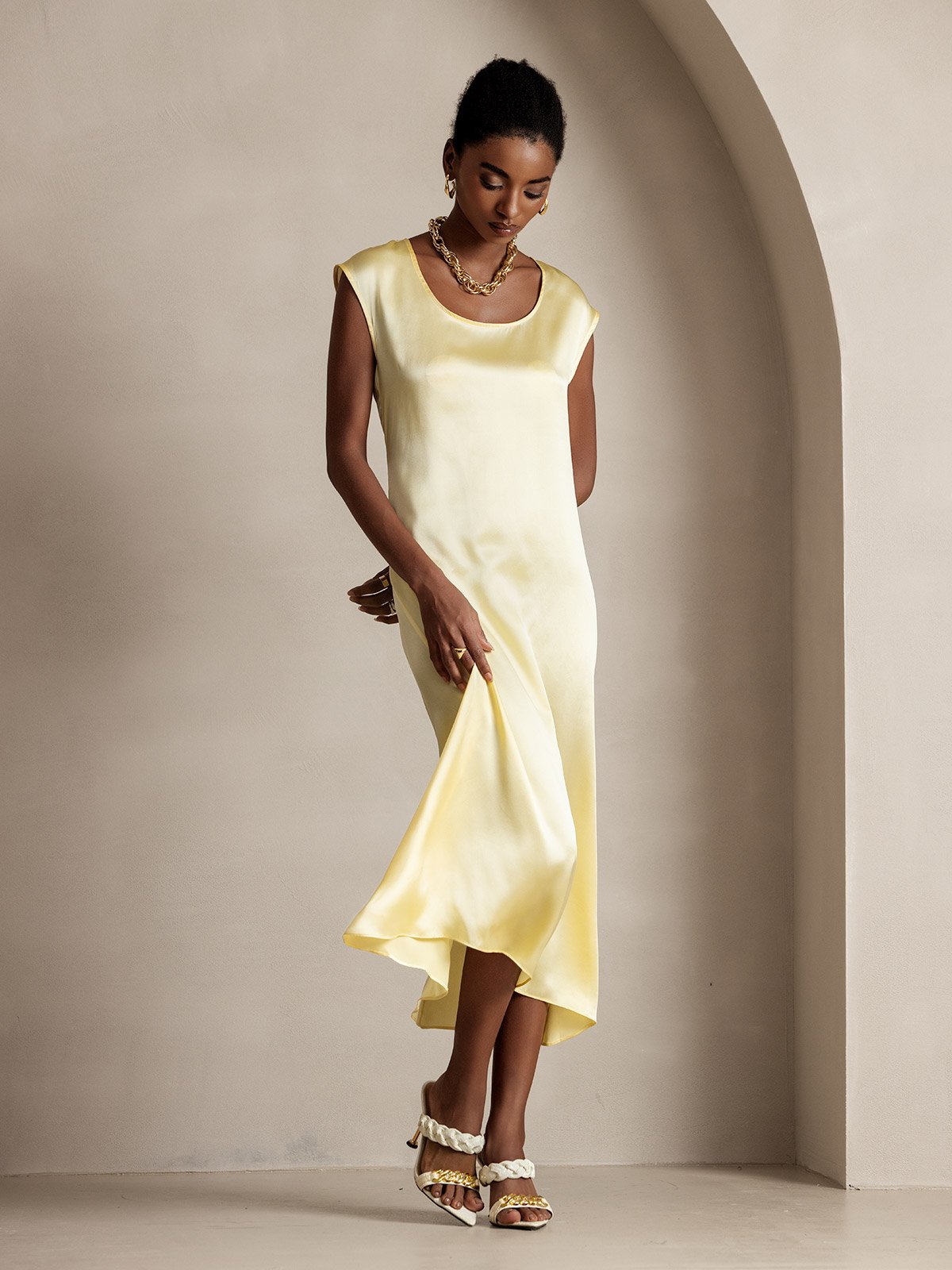 MFLLONDON | Silk Cap Sleeve Round Neck Midi Dress