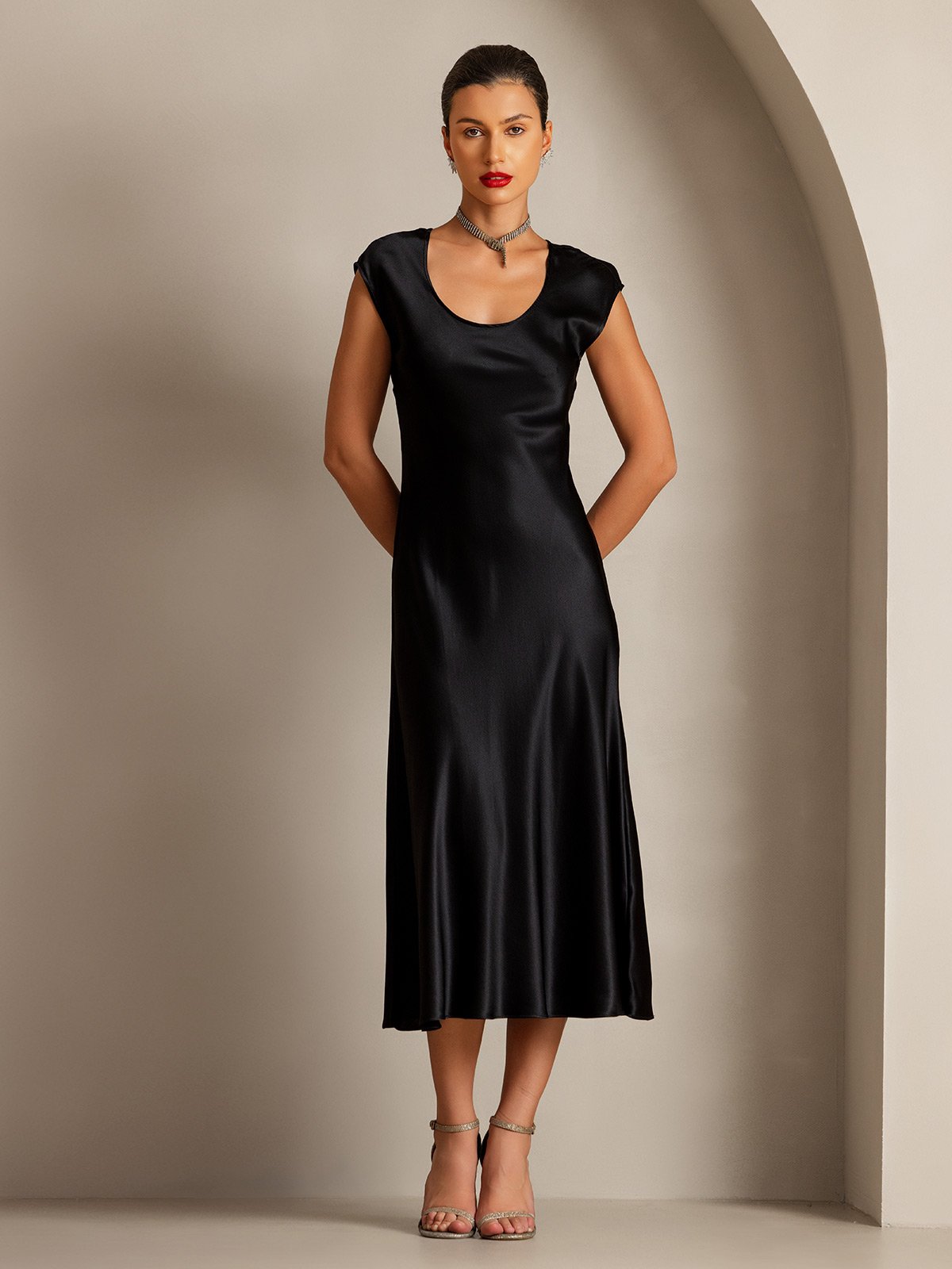 MFLLONDON | Silk Cap Sleeve Round Neck Midi Dress