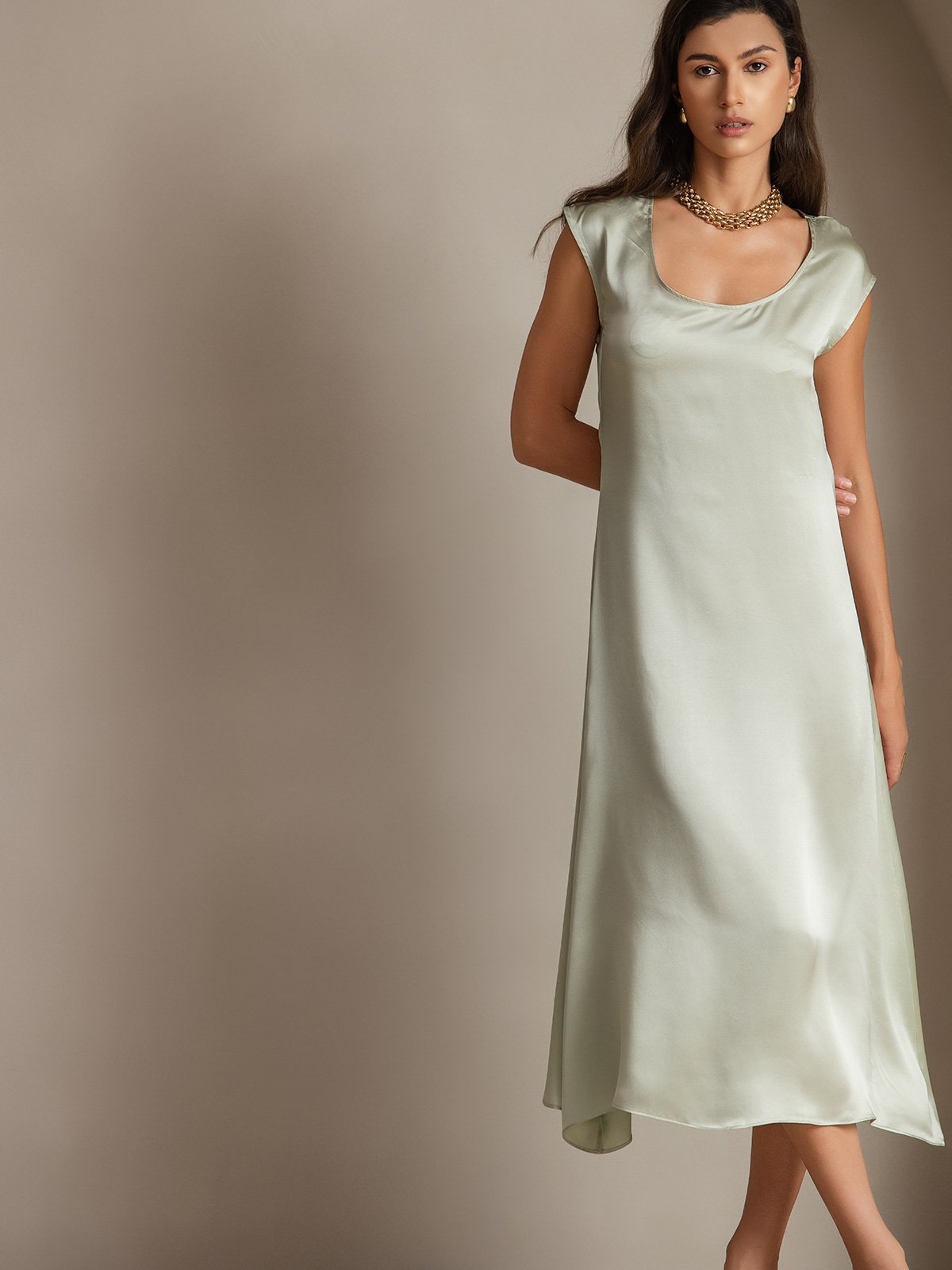 MFLLONDON | Silk Cap Sleeve Round Neck Midi Dress