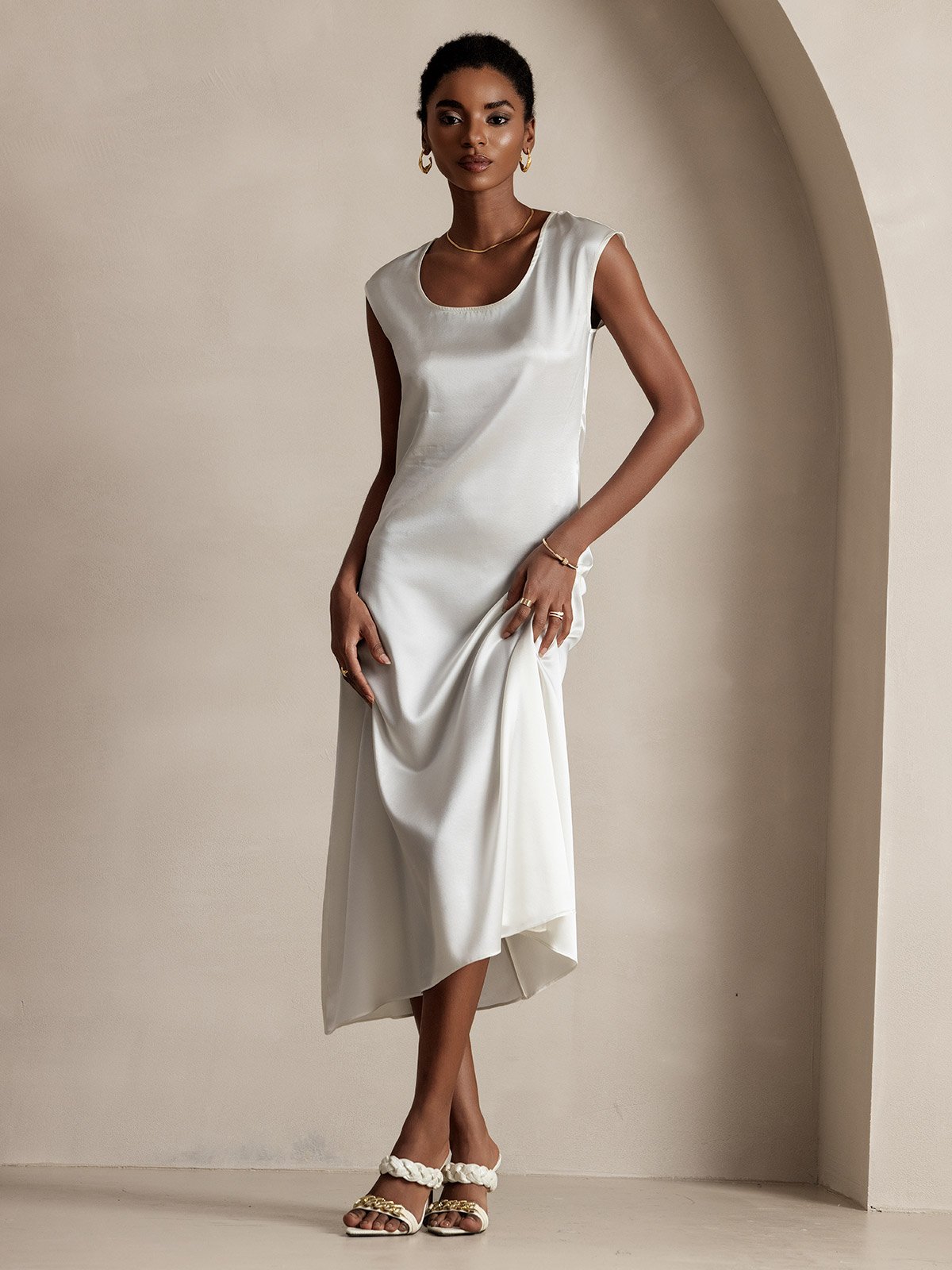 MFLLONDON | Silk Cap Sleeve Round Neck Midi Dress