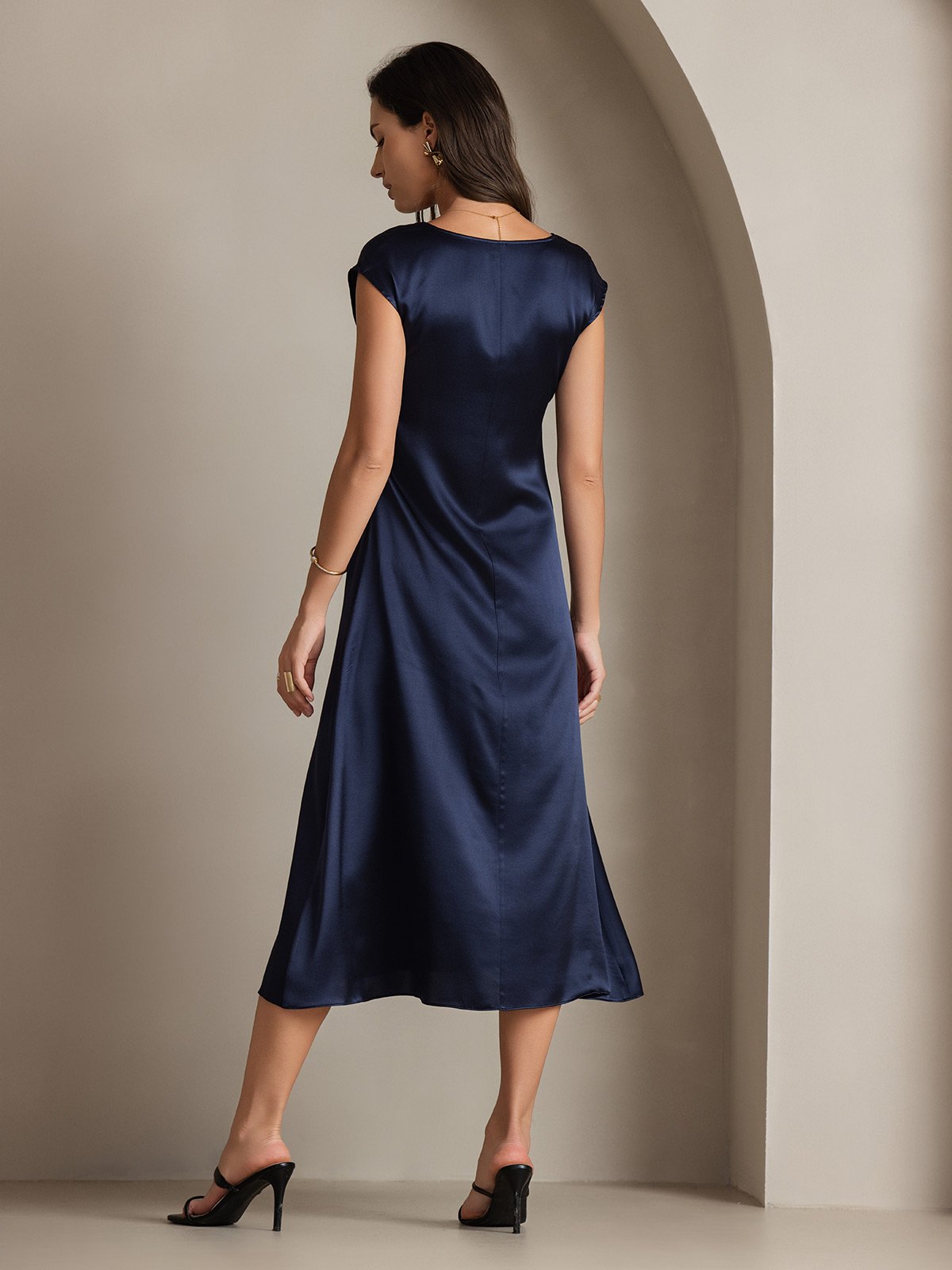 MFLLONDON | Silk Cap Sleeve Round Neck Midi Dress