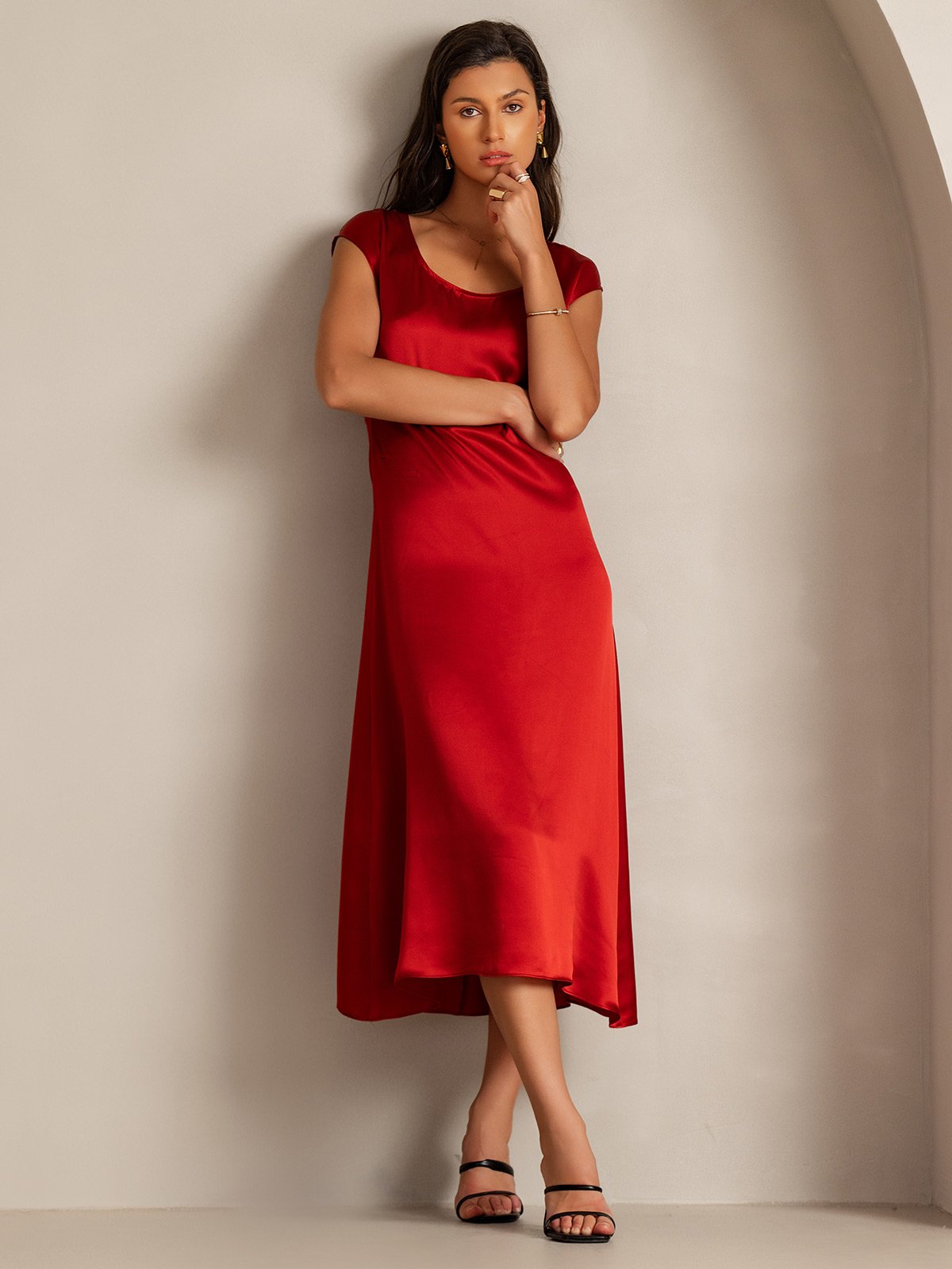 MFLLONDON | Silk Cap Sleeve Round Neck Midi Dress