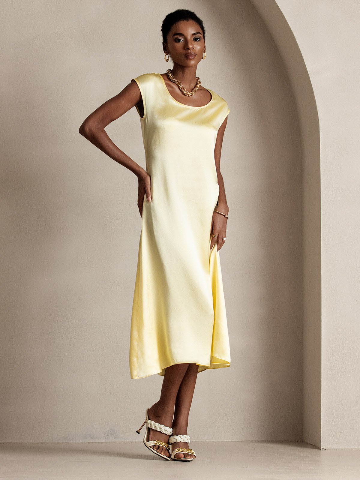 MFLLONDON | Silk Cap Sleeve Round Neck Midi Dress