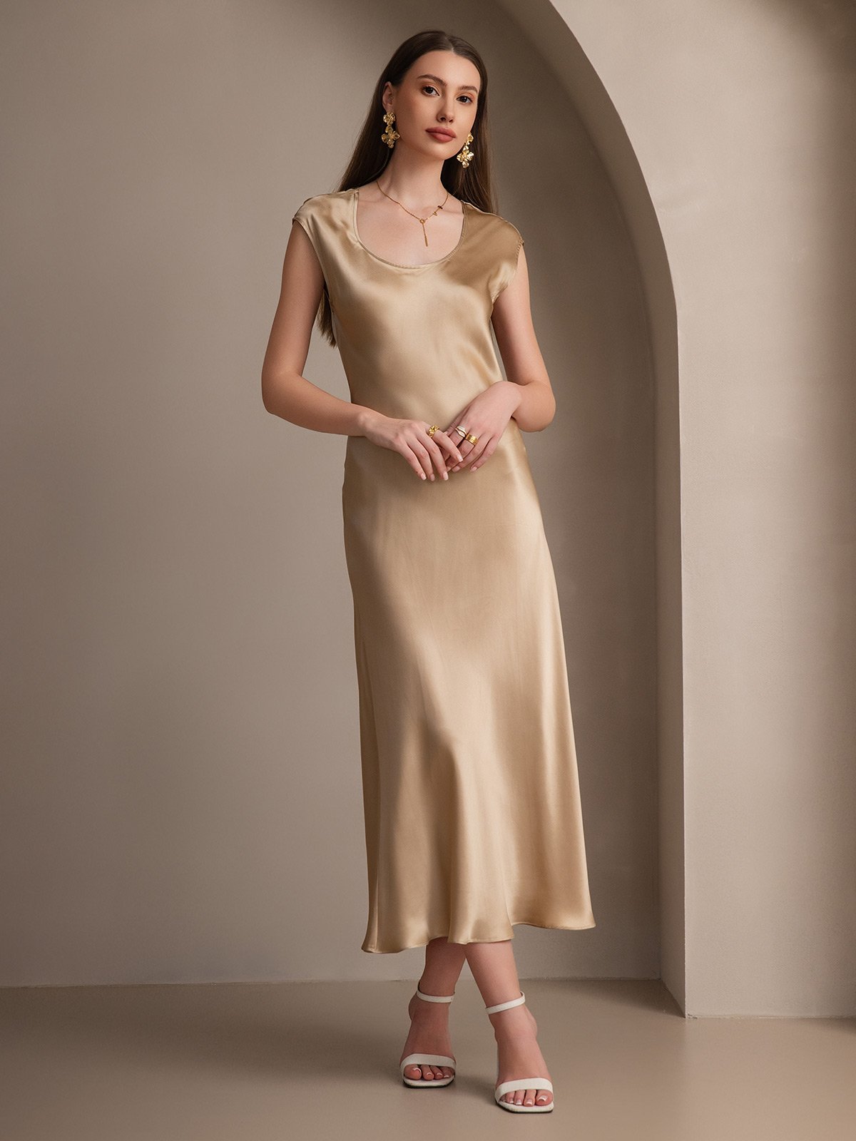 MFLLONDON | Silk Cap Sleeve Round Neck Midi Dress