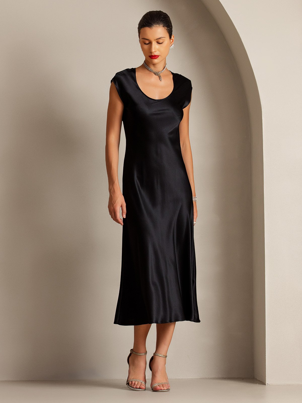 MFLLONDON | Silk Cap Sleeve Round Neck Midi Dress