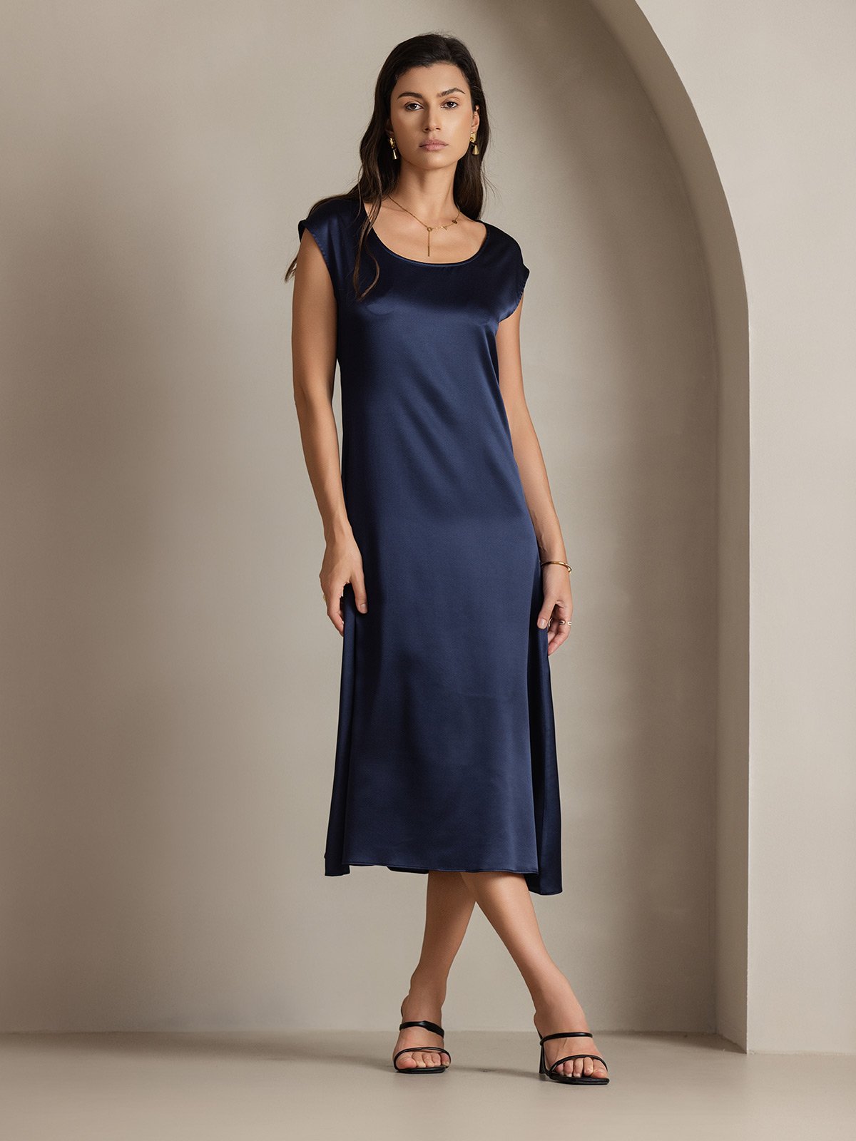 MFLLONDON | Silk Cap Sleeve Round Neck Midi Dress