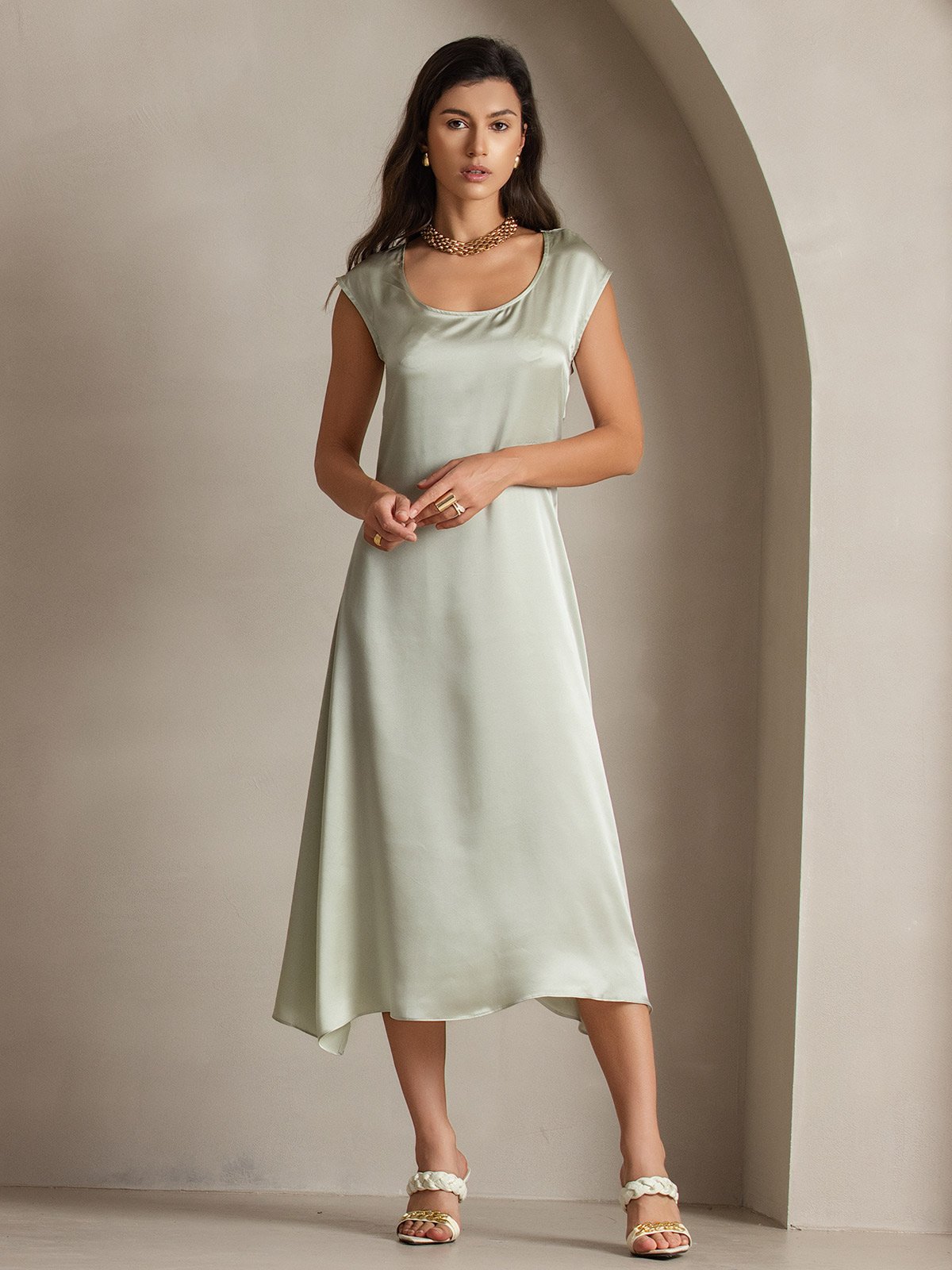 MFLLONDON | Silk Cap Sleeve Round Neck Midi Dress