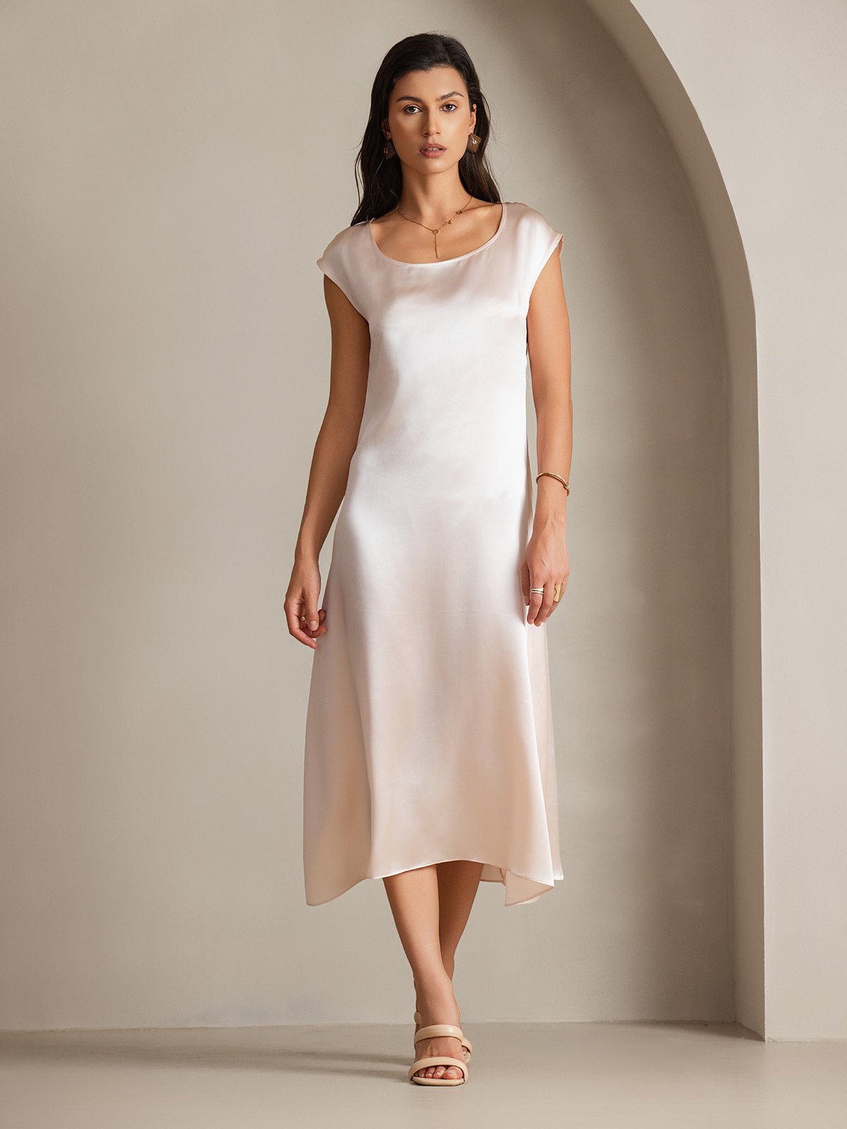 MFLLONDON | Silk Cap Sleeve Round Neck Midi Dress