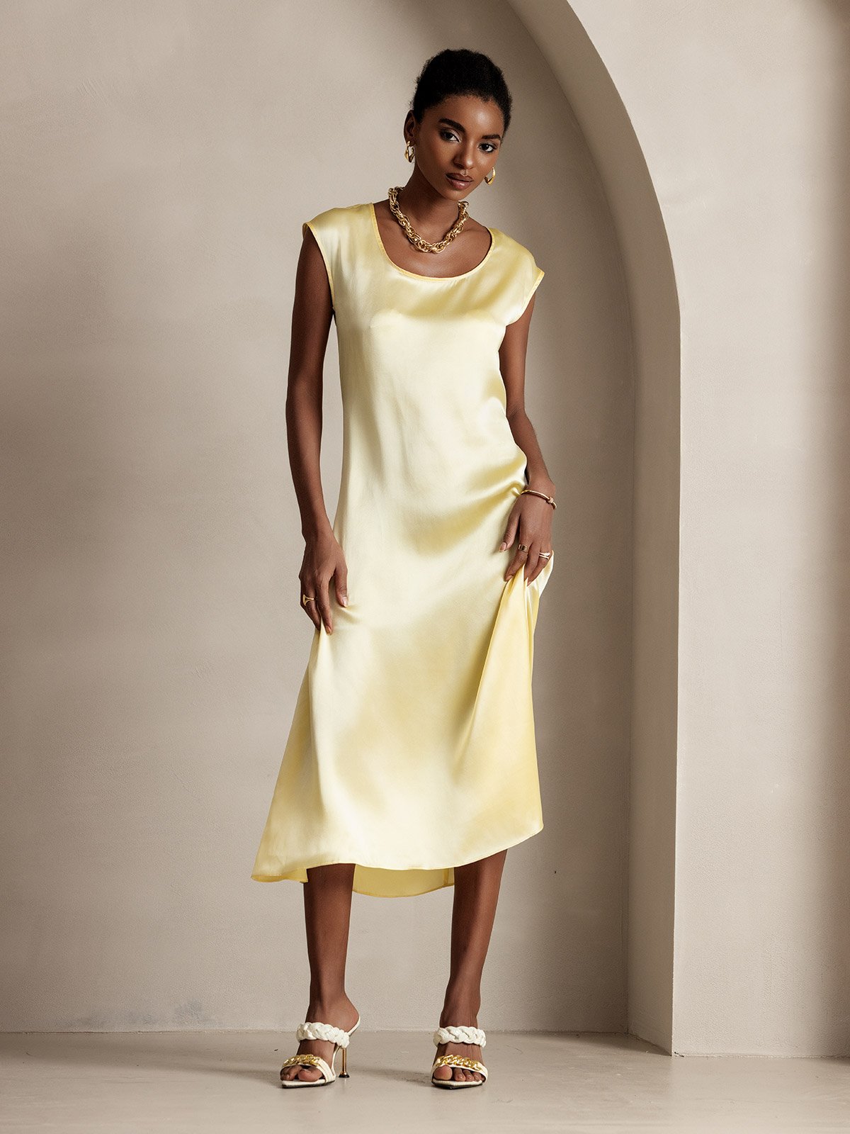 MFLLONDON | Silk Cap Sleeve Round Neck Midi Dress